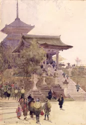 La entrada al Templo de Kiyomizu-Dera, Kioto, con peregrinos ascendiendo